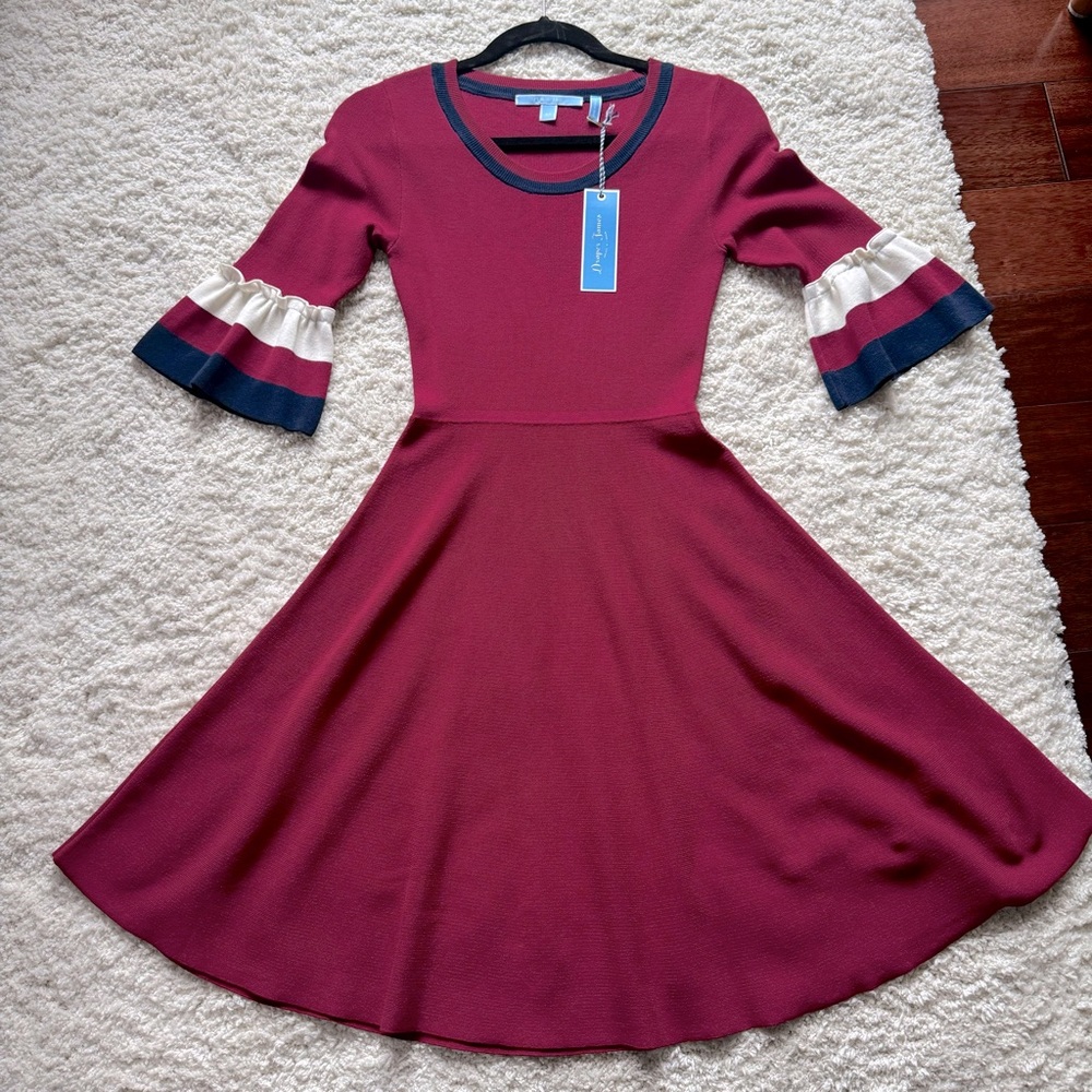 NWT Draper James Stripe Bell Sleeve Sweater Dress Size XS Deep Berry color